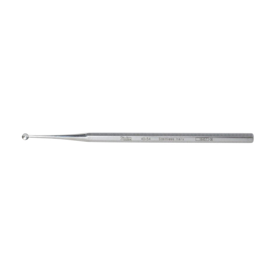 Miltex Verucca Curette is a stainless steel medical instrument with a long handle and a small, rounded tip for surgical procedures.