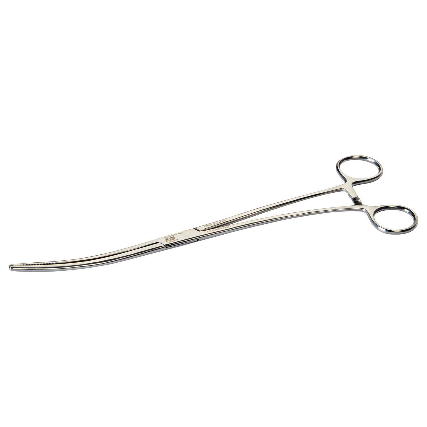 Miltex Bozeman Uterine Dressing Forceps with curved tips and finger rings, used for grasping and holding during medical procedures.