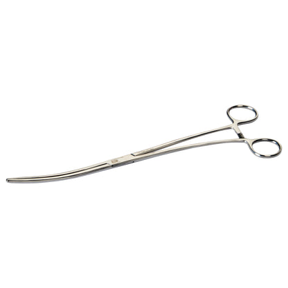 Miltex Bozeman Uterine Dressing Forceps with curved tips and finger rings, used for grasping and holding during medical procedures.