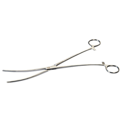 Miltex Bozeman Uterine Dressing Forceps, featuring long, curved tips and ring handles, are shown on a white background.