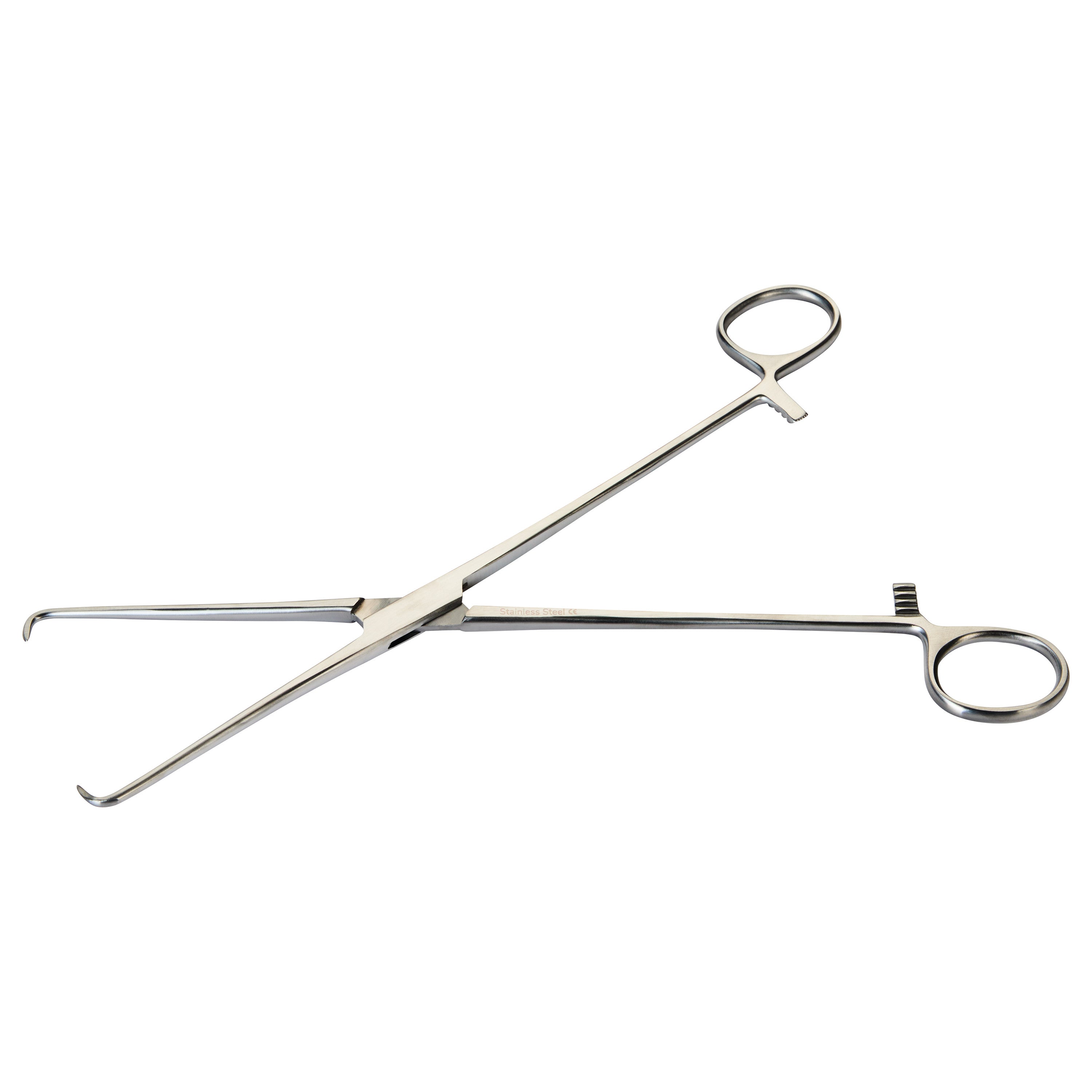 Schroeder-Braun Uterine Tenaculum Forceps are shown with dual loops and curved tips, made of stainless steel.