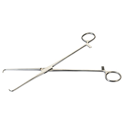 Schroeder-Braun Uterine Tenaculum Forceps are shown with dual loops and curved tips, made of stainless steel.