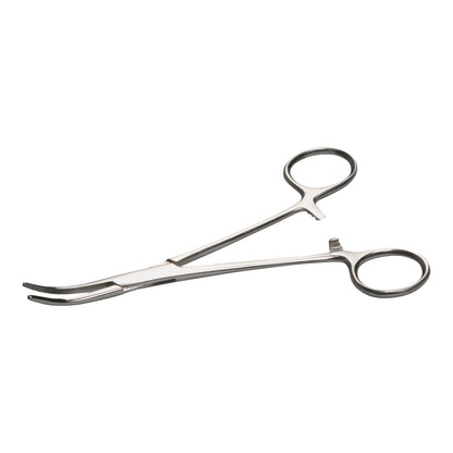 Kelly Forceps with curved tips, featuring a locking mechanism and looped handles, commonly used for clamping or gripping in medical settings.