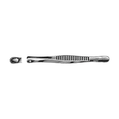 Russian Tissue Forceps with serrated gripping surface, designed for surgical procedures, shown with a close-up of the tip.