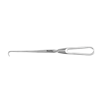The Miltex MeisterHand Cushing Vein Retractor is a stainless steel surgical tool with a looped handle and a curved hook tip.
