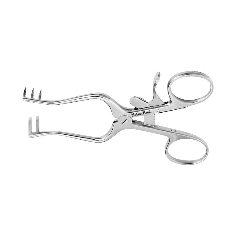 The Miltex MeisterHand Weitlaner Retractor is a surgical instrument with two blunt pronged ends and finger rings for handling.