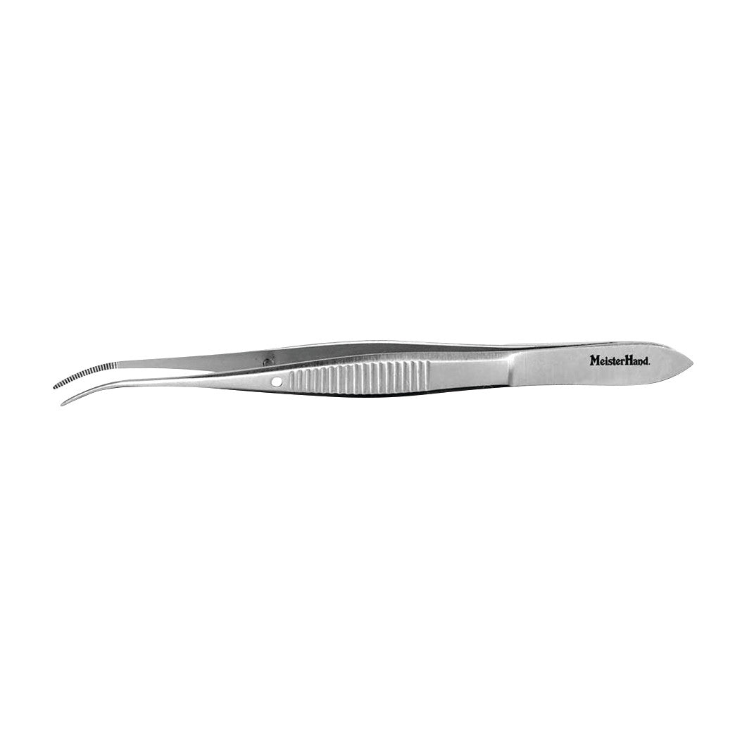 Miltex MeisterHand Eye Dressing Forceps with a curved tip and textured grip, designed for precision handling in medical settings.