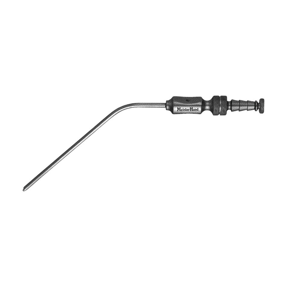 Miltex MeisterHand Frazier Suction Tube, a curved medical instrument with a tapered tip and grooved handle, is shown in gray.