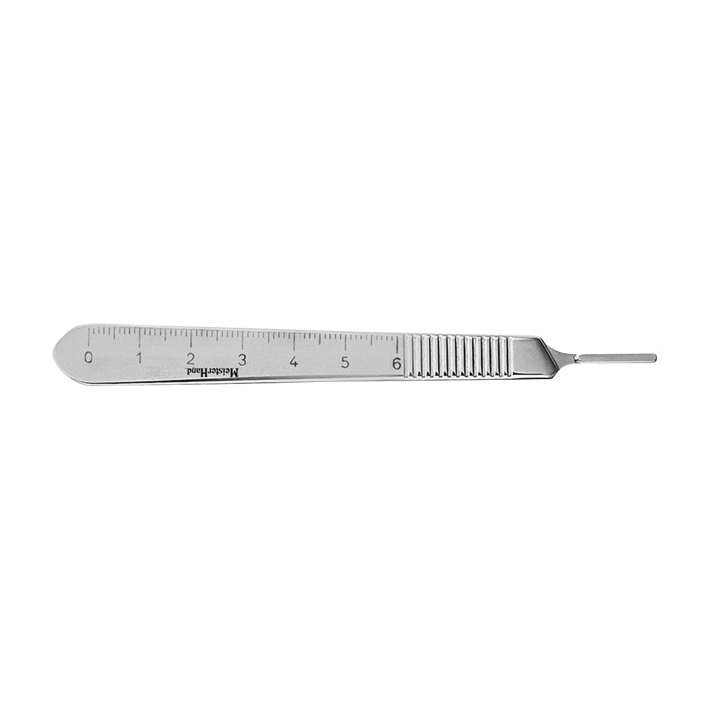 Miltex MeisterHand Knife Handle is a silver, metal surgical tool with a ruler and textured grip, designed for precise blade attachment.