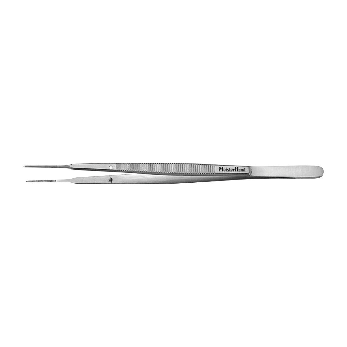 Miltex MeisterHand Gerald Dressing Forceps are slender metal tweezers with fine pointed tips and a grooved handle for precision gripping.