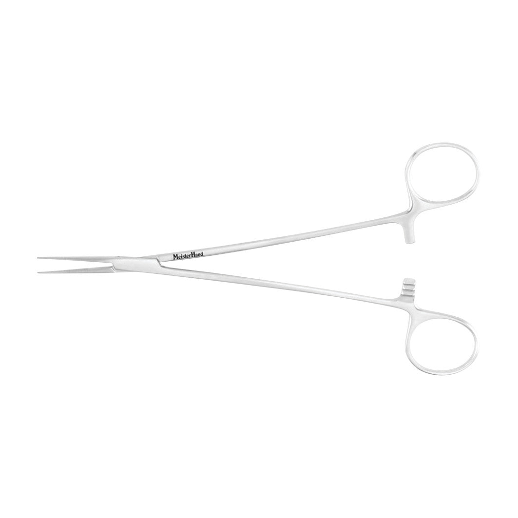 The Miltex MeisterHand Adson Hemostatic Forceps are stainless steel, scissor-like surgical tools with a ratcheted handle and fine tips.