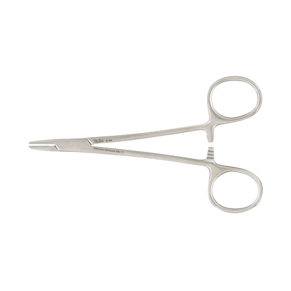 Miltex Mayo-Hegar Needle Holder, a silver surgical instrument with looped handles and a textured grip, used in suturing procedures.