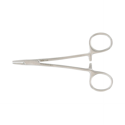 Miltex Mayo-Hegar Needle Holder, a silver surgical instrument with looped handles and a textured grip, used in suturing procedures.