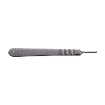 A Miltex Metric Scale Knife Handle made of metal with measurement markings and a ridged grip, designed for surgical use.