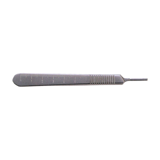 A Miltex Metric Scale Knife Handle made of metal with measurement markings and a ridged grip, designed for surgical use.