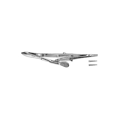 The Kalt Needle Holder is a surgical instrument with a clamp-like design, accompanied by two needle tips.