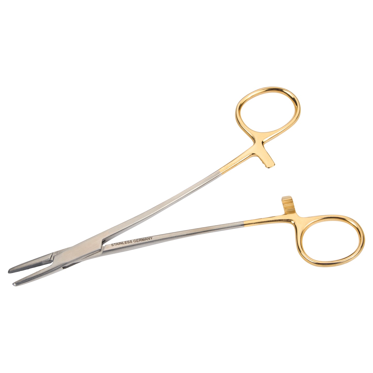 Tungsten Carbide Mayo Hegar Needle Holder with gold handles and stainless steel tips, used for surgical procedures.