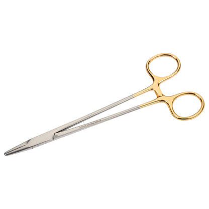 Tungsten Carbide Mayo Hegar Needle Holder with golden finger rings, designed for precision gripping in surgical procedures.