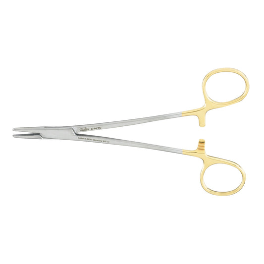 Miltex Tungsten Carbide Mayo Hegar Needle Holder with a gold and silver finish, featuring finger loops and a clamping mechanism.