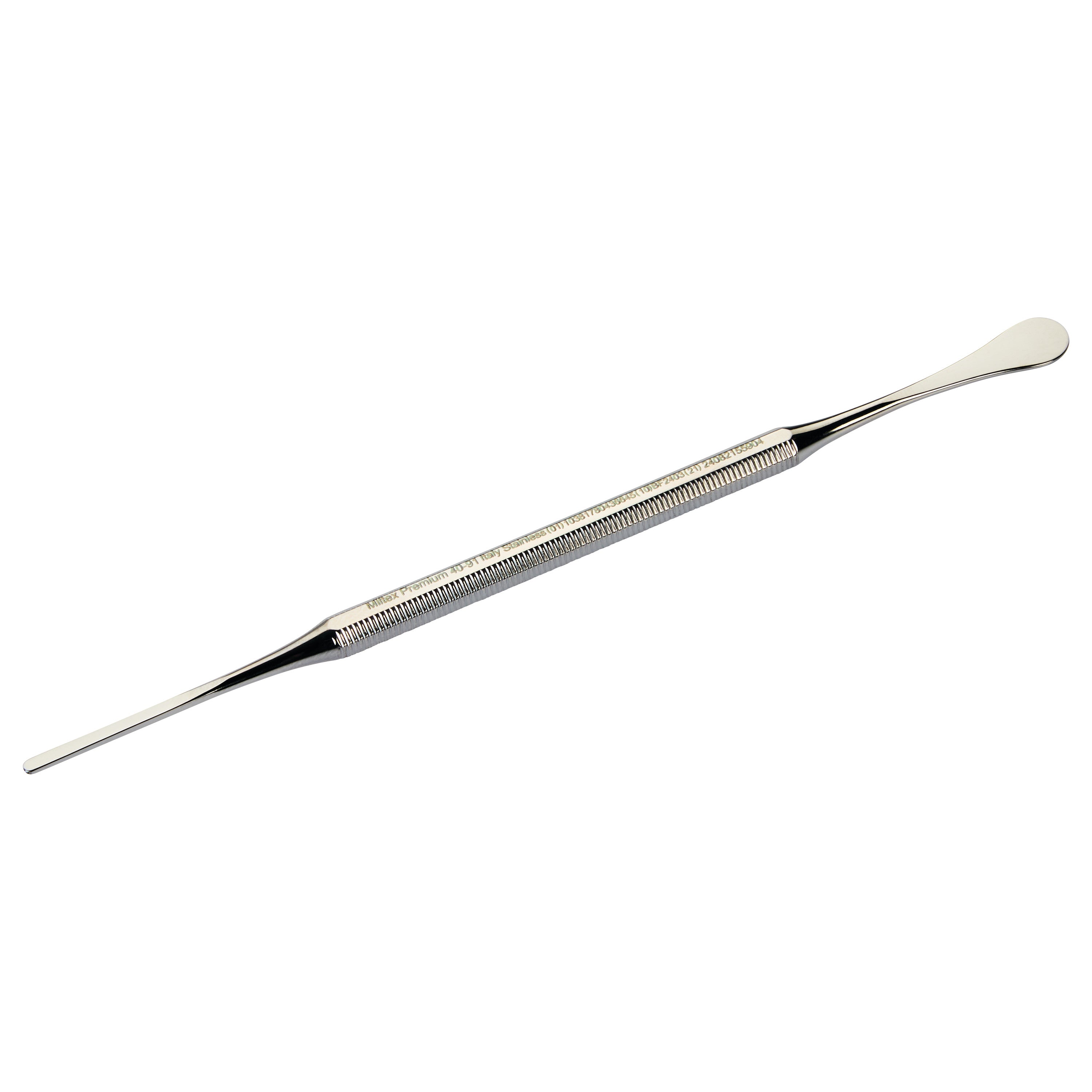 Miltex Packer and Spatula, a dual-ended steel tool with a textured handle, features a flat blade and a rounded spatula end.