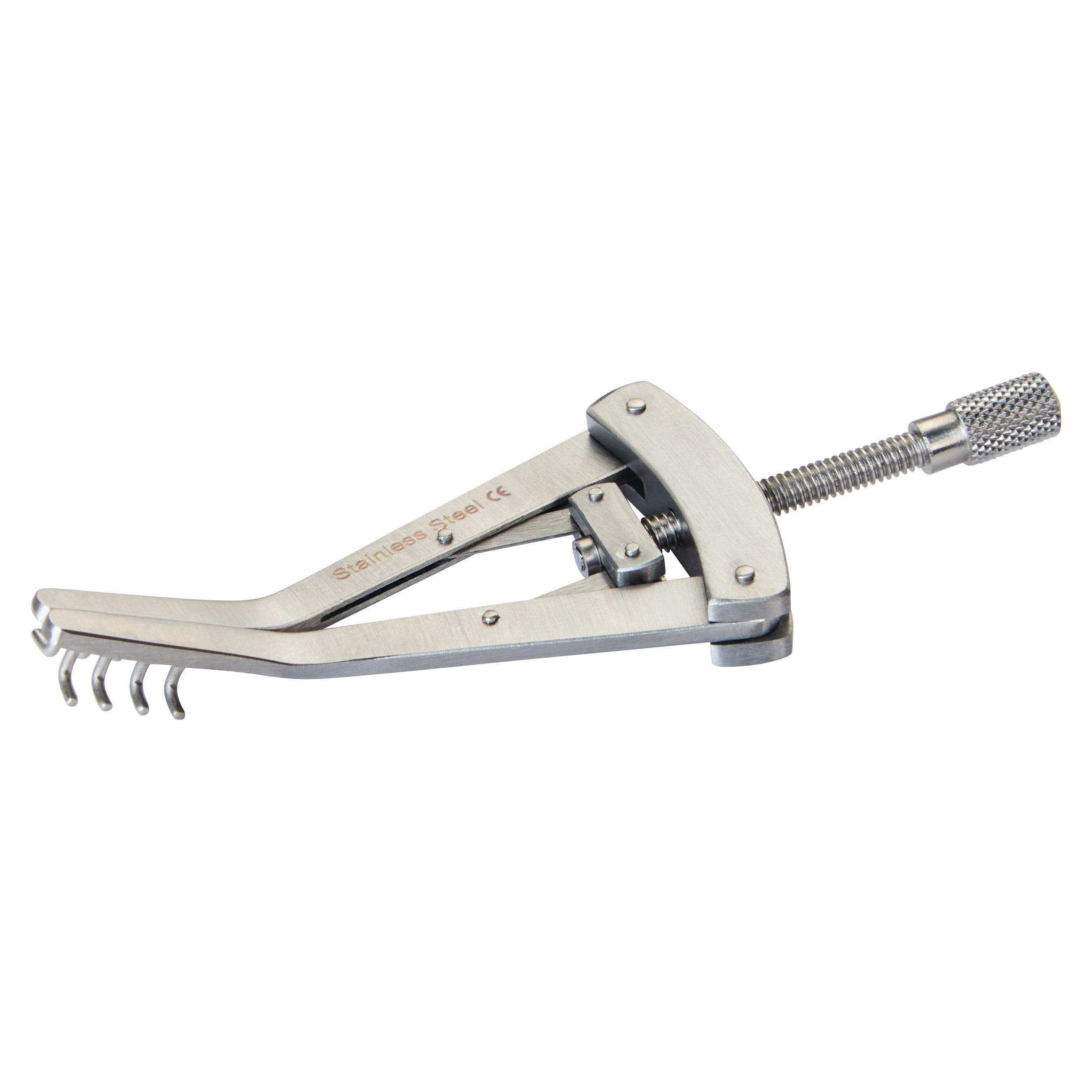 The Alm Retractor is a stainless steel surgical instrument with curved, toothed edges and an adjustable screw for holding tissues apart.