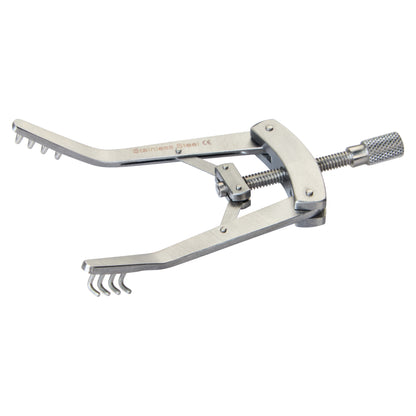 The Alm Retractor is a stainless steel medical tool with adjustable arms and serrated tips used for holding tissues apart.