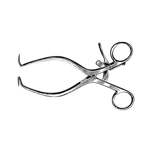 Surgical tool with two curved, pointed arms and finger loops, identified as a Gelpi Retractor, used for holding back tissues.