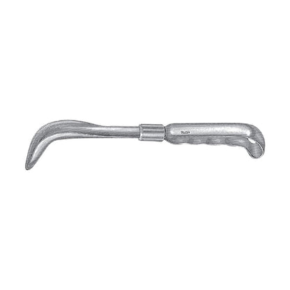 Miltex Sawyer Rectal Speculum is a metal medical instrument with a curved blade and a textured handle for rectal examinations.