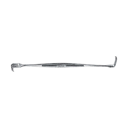 The Senn Retractor is a metal surgical instrument with one end featuring a three-pronged rake and the other a flat, right-angle blade.