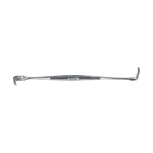 The Senn Retractor is a metal surgical instrument with one end featuring a three-pronged rake and the other a flat, right-angle blade.
