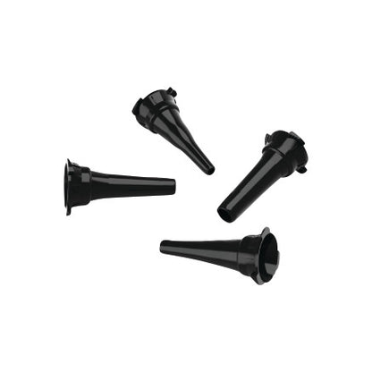 Four black specula from the Welch Allyn Otoscope Polypropylene Specula Set are arranged on a white background.