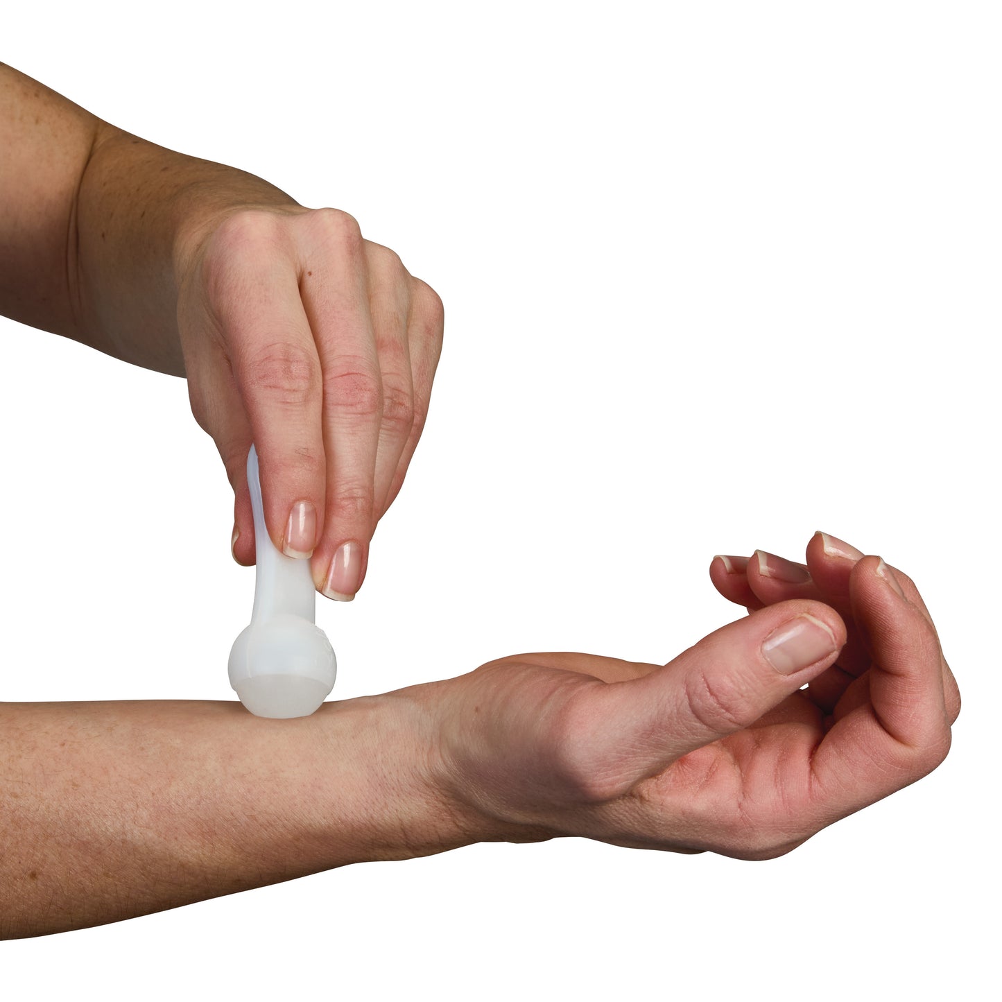 A hand uses the AliMed AliRolz Massage Tool on a forearm, demonstrating its application for massage therapy.