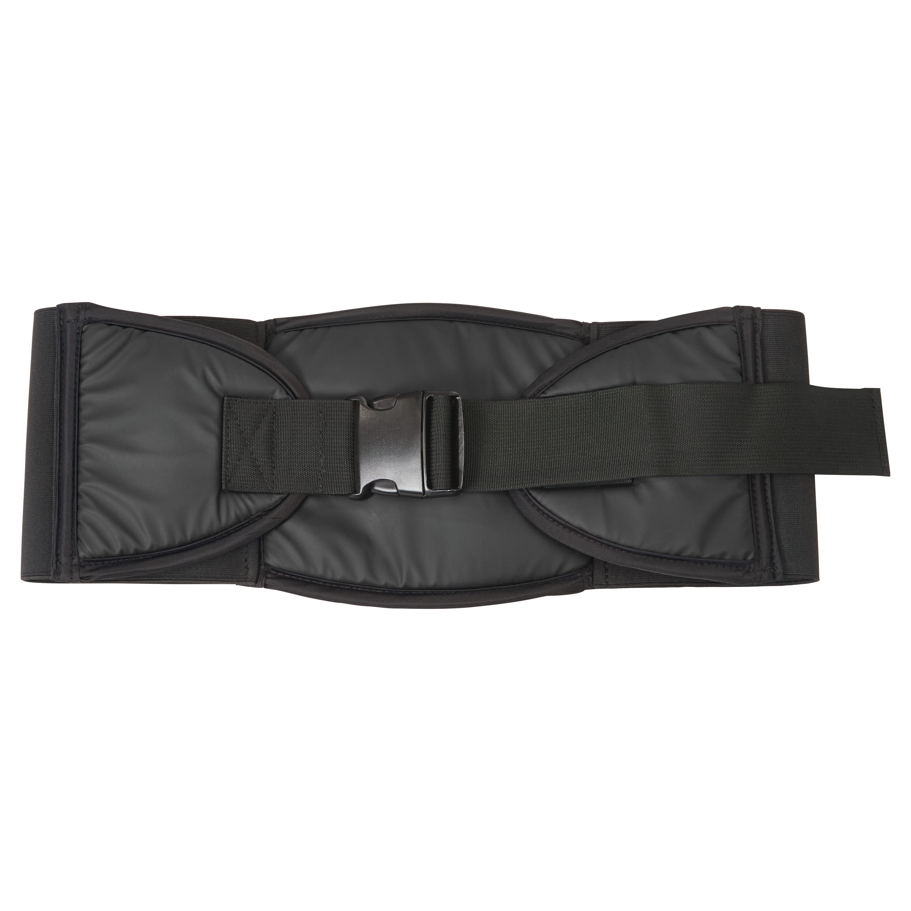 The AliMed Back Saver Belt is a black padded support belt with an adjustable strap and a plastic buckle for secure fastening.