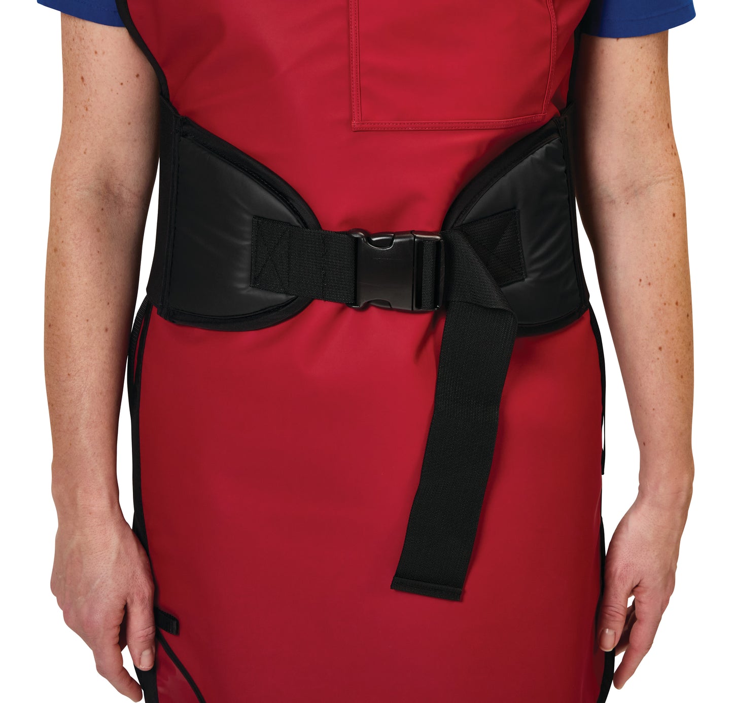 Person wearing a red garment secured with the AliMed Back Saver Belt, featuring a black buckle and strap.