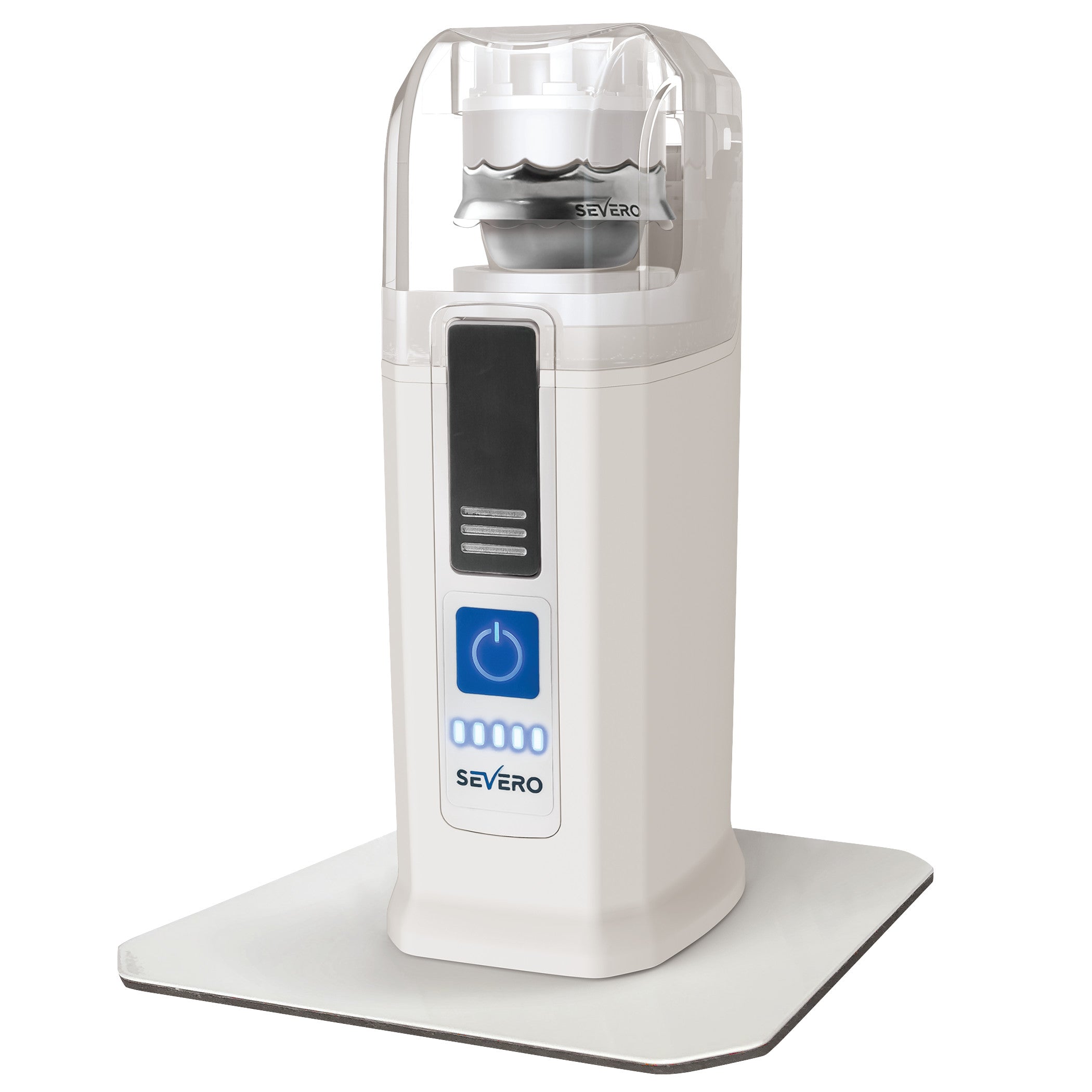 Severo Electric Pill Grinder in white with a transparent top, featuring a power button and lights on the front, placed on a square base.