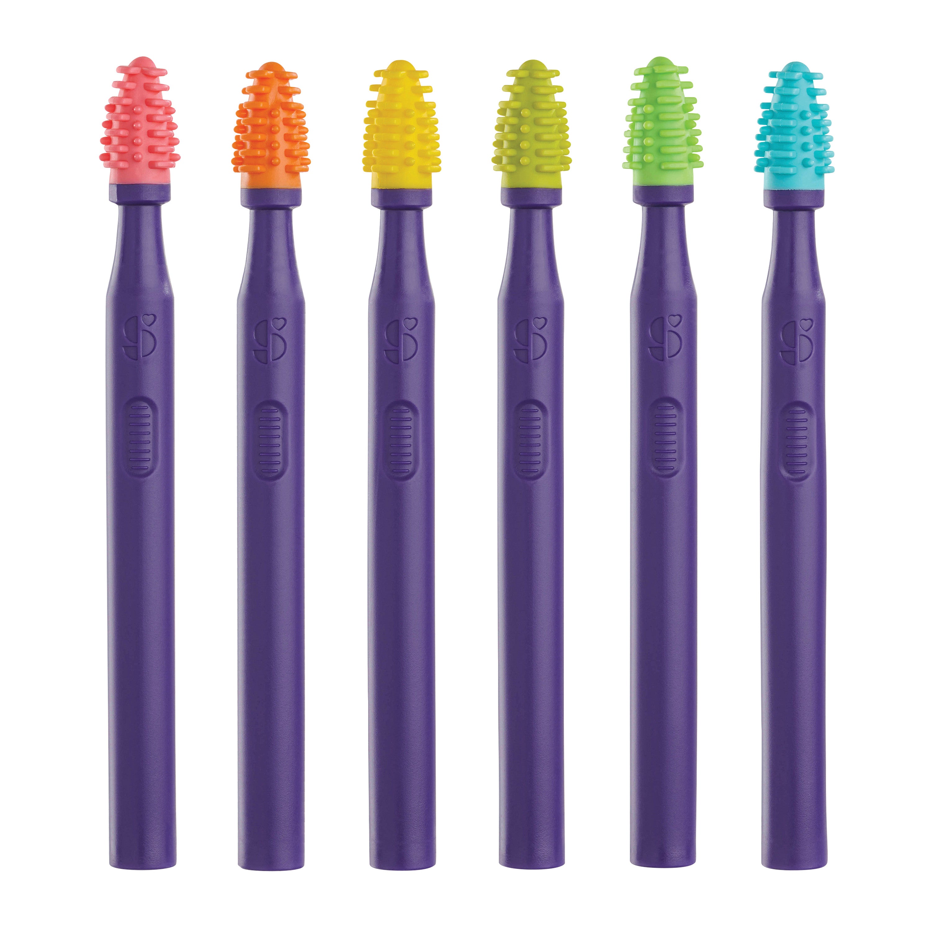 Six MouthBuddy Oral Stimulation Tools with purple handles and different colored, textured tip for sensory stimulation.