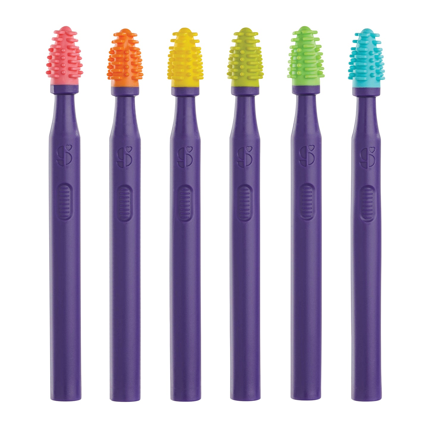Six MouthBuddy Oral Stimulation Tools with purple handles and different colored, textured tip for sensory stimulation.
