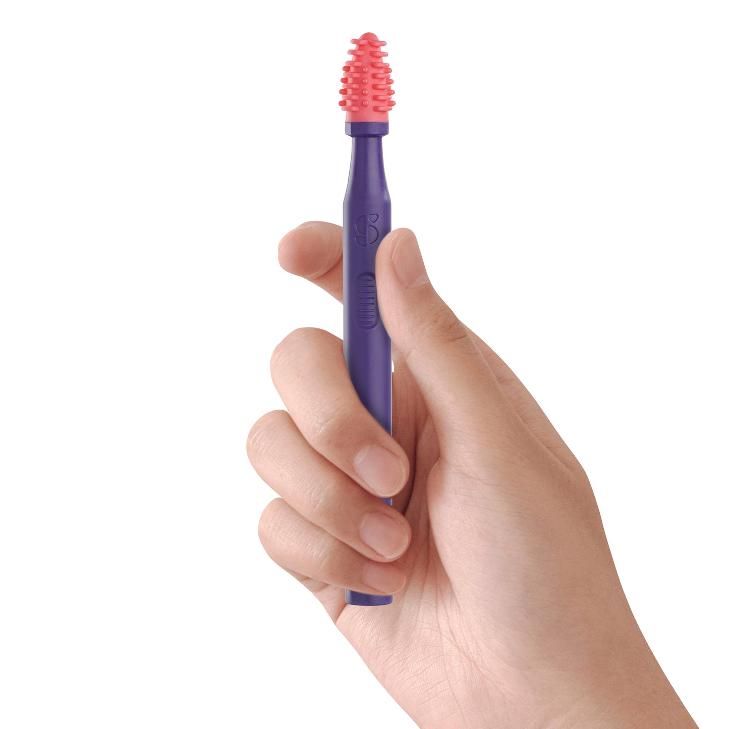 A hand holds a MouthBuddy Oral Stimulation Tool with a purple handle and a textured pink tip, designed for oral sensory use.