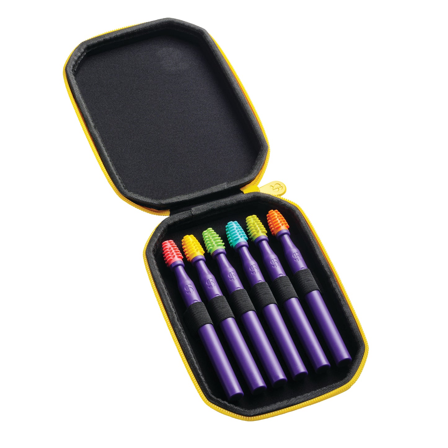 The MouthBuddy Oral Stimulation Tool set includes six purple handles with colorful textured tips, stored in a black and yellow case.