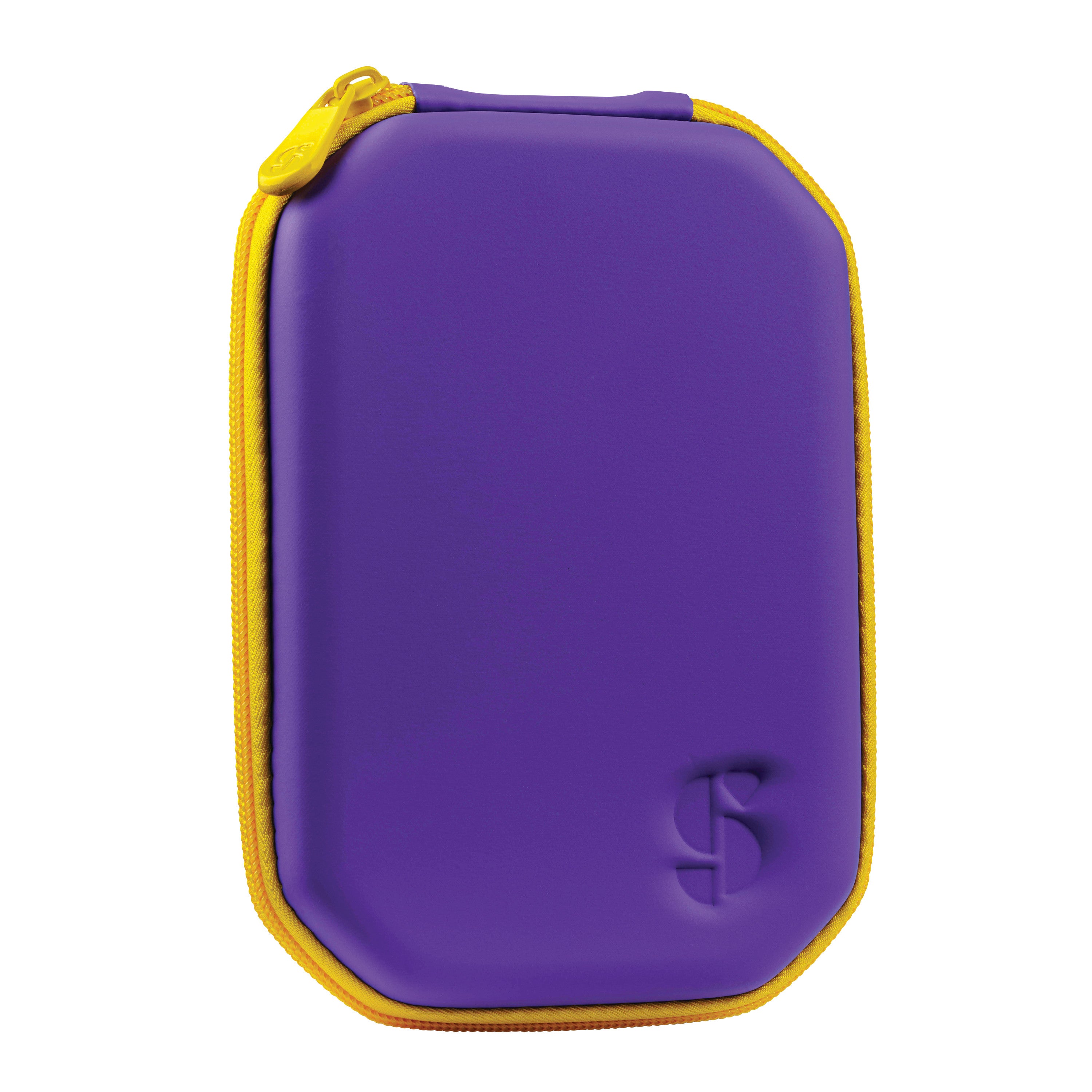 Purple and yellow MouthBuddy Oral Stimulation Tool case, rectangular with rounded edges and zipper closure.