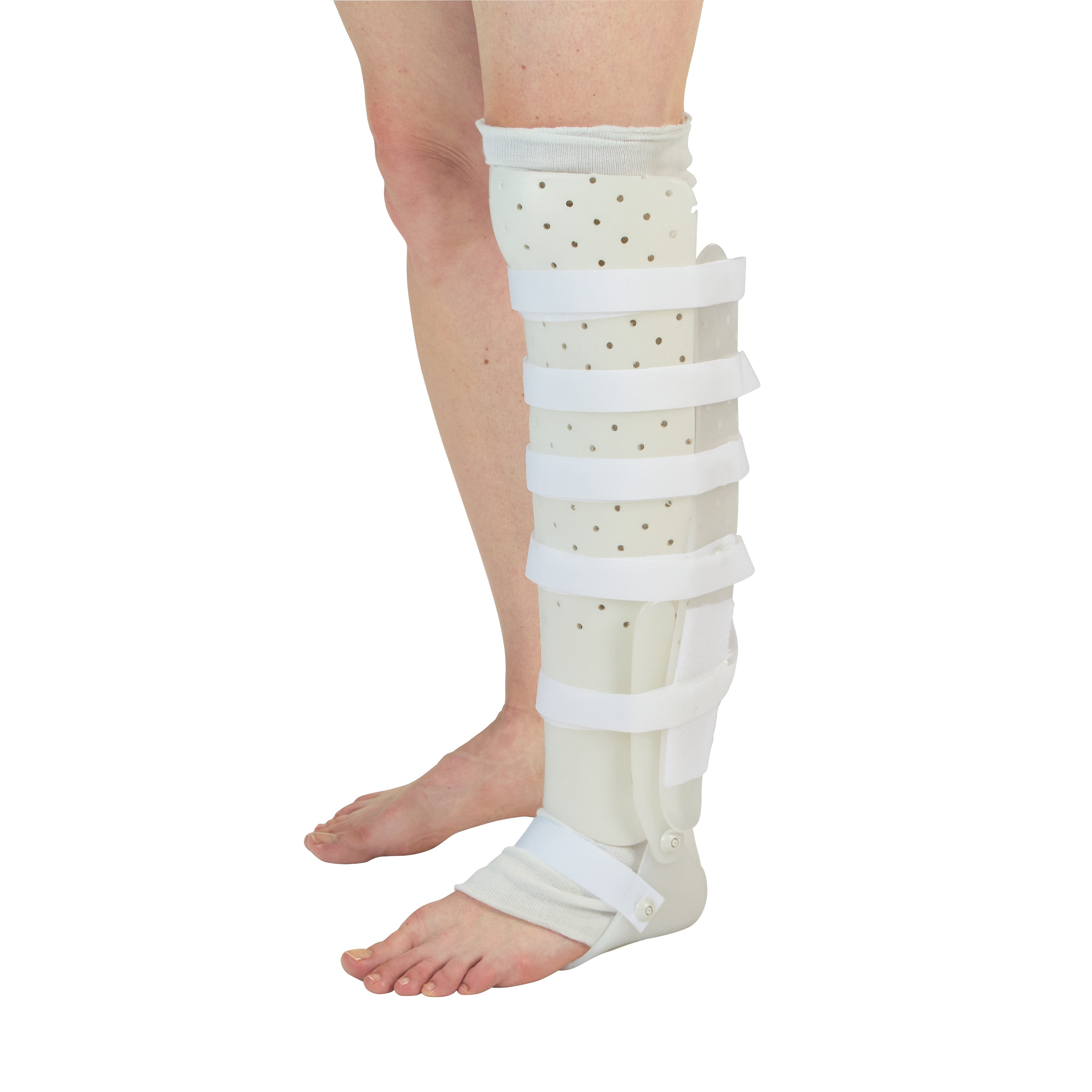 A person wears a "Foot Component for Miami Tibial Fracture PTB Brace" on their right leg, featuring straps and perforations.