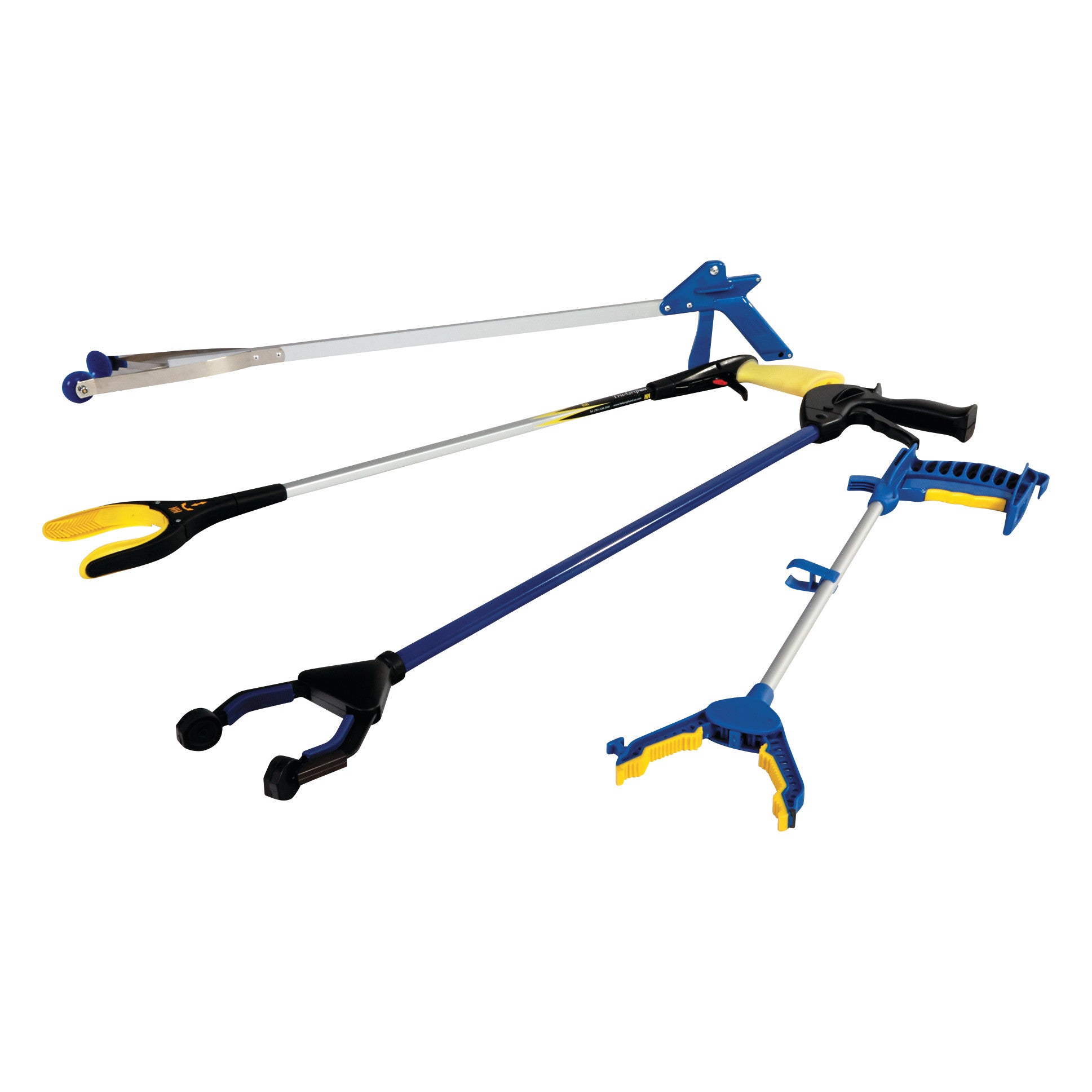 Four AliMed Easy Grasp Reacher tools with ergonomic handles and different colored claw designs are arranged on a white background.