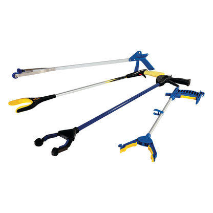 Four AliMed Easy Grasp Reacher tools with ergonomic handles and different colored claw designs are arranged on a white background.