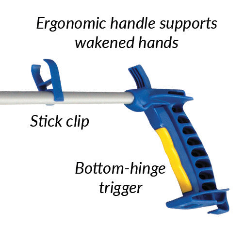 The AliMed Easy Grasp Reacher with an ergonomic handle, stick clip, and bottom-hinge trigger for easy gripping.