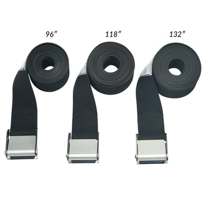 Three rolled AliMed Economy Straps with metal clasps are displayed, labeled 96", 118", and 132" in length.