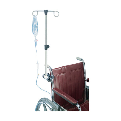Wheelchair with a maroon seat features a Pryor Versa-Pole. The pole holds an IV bag with tubing attached to the chair.