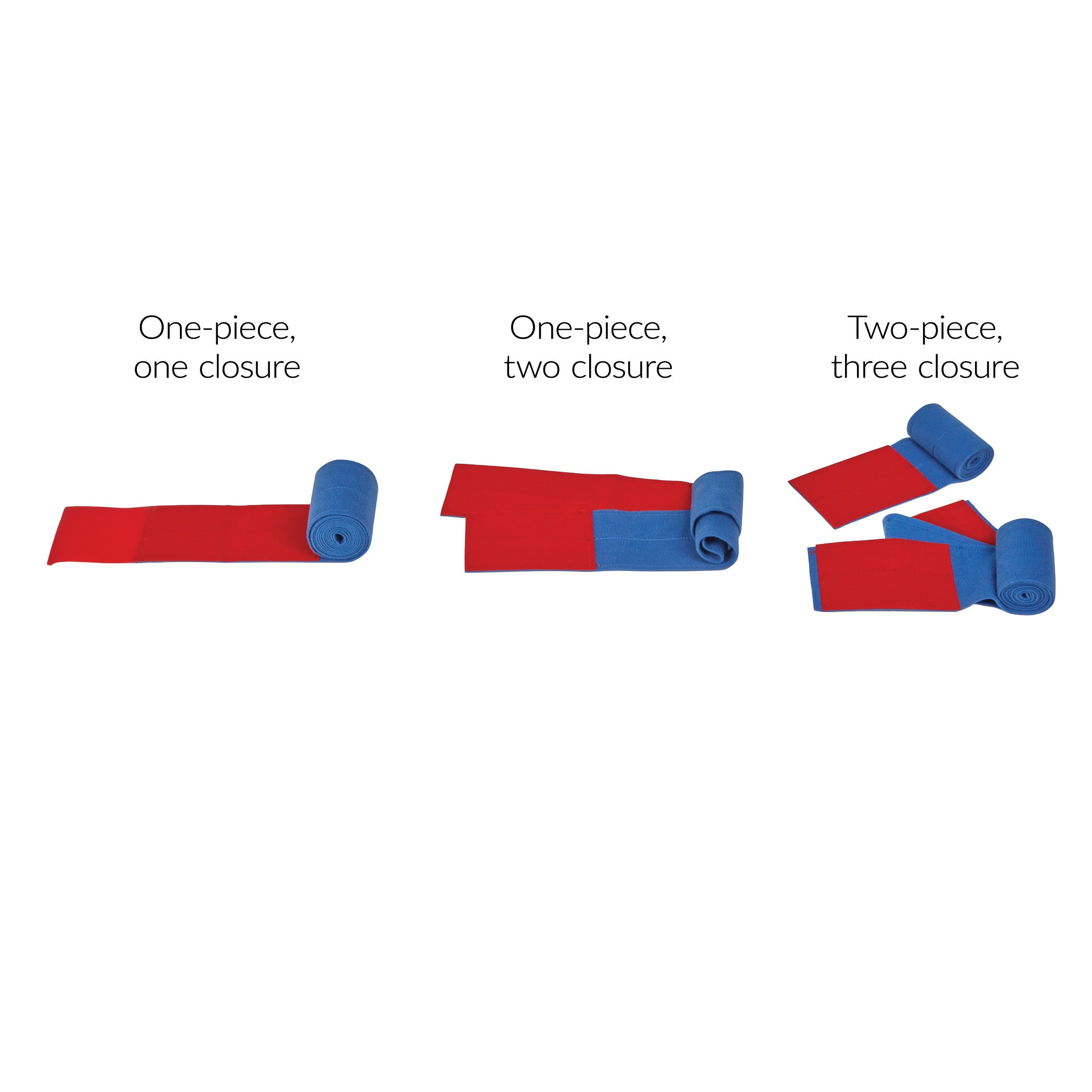 Three AliMed Universal Straps: one-piece with one closure, one-piece with two closures, and two-piece with three closures.