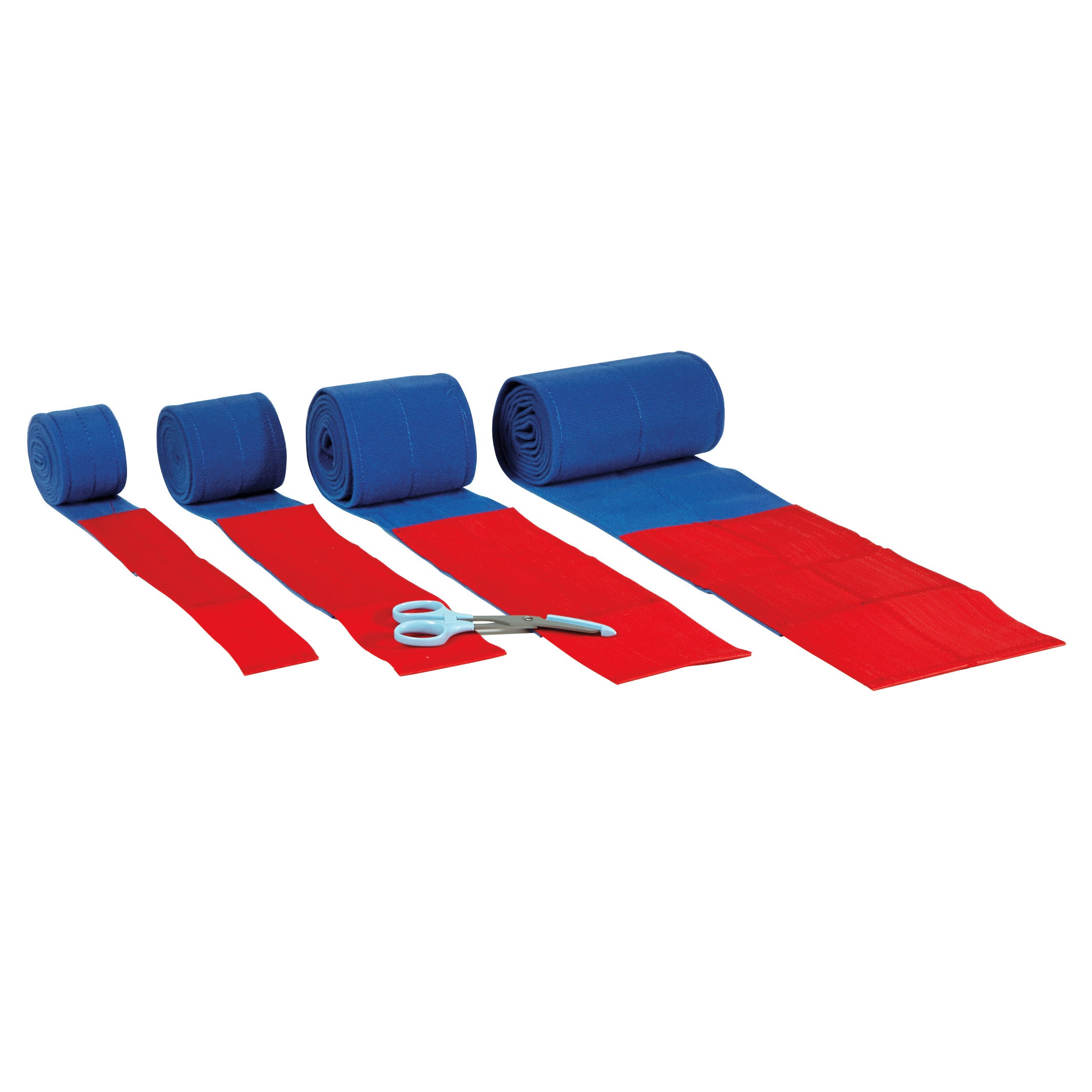 Four rolled AliMed Universal Straps in blue and red are displayed in varying widths. Scissors are placed on the fabric.