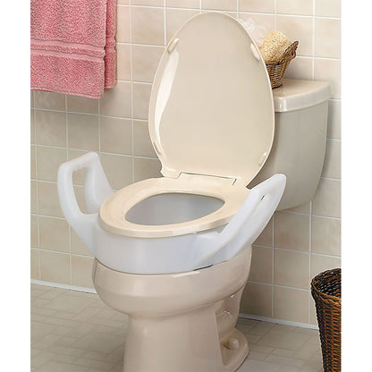 The Bath Safe Elevated Toilet Seat with Arms is installed on a beige toilet, offering added height and side handles for support.