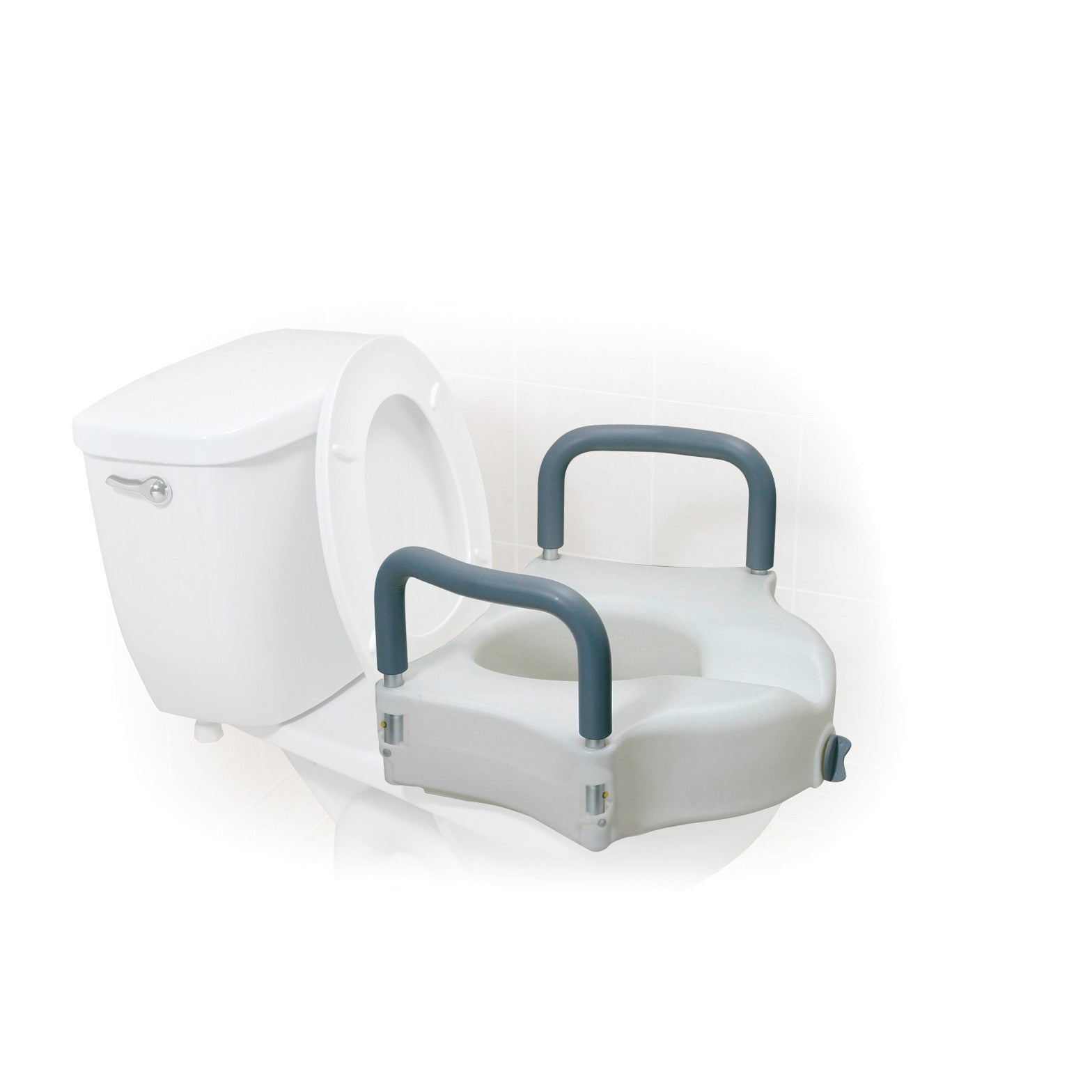 Drive Medical Two-in-One Locking Raised Toilet Seat attached to a toilet. It has gray handles for support and added height.